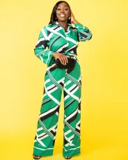 Casual Print Long Sleeve Lapel Loose Jumpsuit SFY-2783