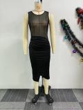 Mesh Patchwork Sleeveless Split Midi Dress NY-10861