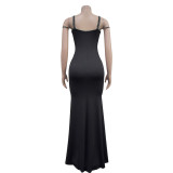 Hot Drill Sling Mesh Print Maxi Dress BY-7027