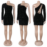 Slash Shoulder Long Sleeve Tie Up Sequin Dress NY-3221