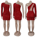 Slash Shoulder Long Sleeve Tie Up Sequin Dress NY-3221