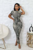 Black White Ink Print Short Sleeve Long DressTE-4687