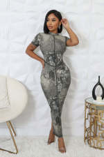 Black White Ink Print Short Sleeve Long DressTE-4687