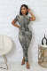 Black White Ink Print Short Sleeve Long DressTE-4687