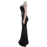 Hot Drill Sling Mesh Print Maxi Dress BY-7027