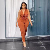 Solid Color Backless Halter Two Piece Pants Set NY-10863
