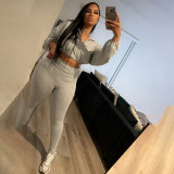 Long Sleeve Zipper Solid Color Two Piece Pants Set XEF-51552