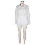 Solid Color See Through Long Sleeve Shirt Shorts Set ZSD-0700