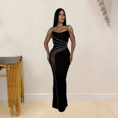 Hot Drill Sling Mesh Print Maxi Dress BY-7027