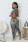 Black White Ink Print Short Sleeve Long DressTE-4687