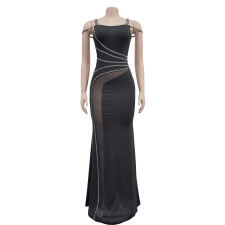 Hot Drill Sling Mesh Print Maxi Dress BY-7027
