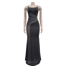 Hot Drill Sling Mesh Print Maxi Dress BY-7027
