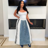 Striped Loose Denim Color Block Half Body Skirt ZSD-0697