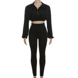 Long Sleeve Zipper Solid Color Two Piece Pants Set XEF-51552
