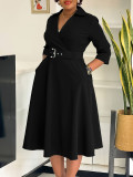 Solid Color 3/4 Sleeve Lapel Midi Dress GMLF-3290