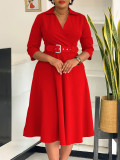 Solid Color 3/4 Sleeve Lapel Midi Dress GMLF-3290