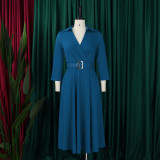 Solid Color 3/4 Sleeve Lapel Midi Dress GMLF-3290