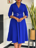 Solid Color 3/4 Sleeve Lapel Midi Dress GMLF-3290