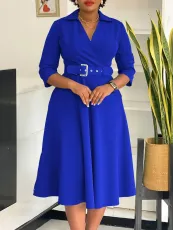 Solid Color 3/4 Sleeve Lapel Midi Dress GMLF-3290