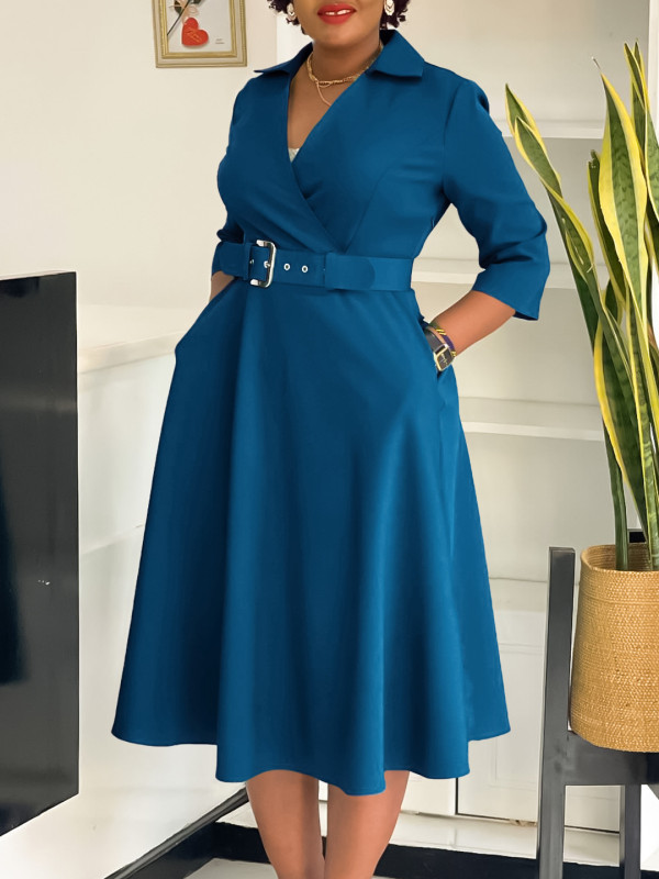Solid Color 3/4 Sleeve Lapel Midi Dress GMLF-3290