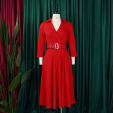 Solid Color 3/4 Sleeve Lapel Midi Dress GMLF-3290