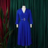 Solid Color 3/4 Sleeve Lapel Midi Dress GMLF-3290