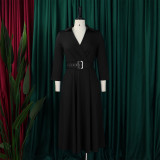 Solid Color 3/4 Sleeve Lapel Midi Dress GMLF-3290