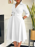 Solid Color 3/4 Sleeve Lapel Midi Dress GMLF-3290