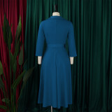 Solid Color 3/4 Sleeve Lapel Midi Dress GMLF-3290