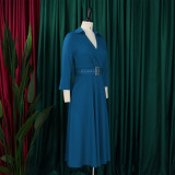 Solid Color 3/4 Sleeve Lapel Midi Dress GMLF-3290