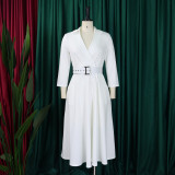 Solid Color 3/4 Sleeve Lapel Midi Dress GMLF-3290