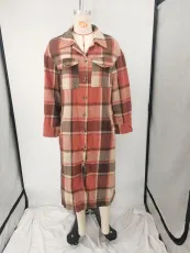 Long Sleeve Plaid Print Loose Long Coat XMF-373