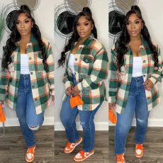 Plus Size Loose Plaid Print Shirt Jacket XMF-370