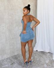 Fashion Halter Zipper Backless Denim Romper MEM-88592