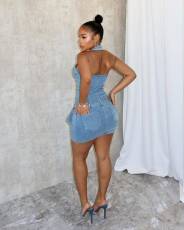 Fashion Halter Zipper Backless Denim Romper MEM-88592