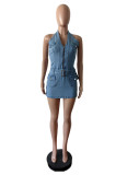Fashion Halter Zipper Backless Denim Romper MEM-88592