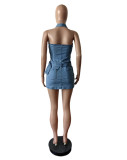 Fashion Halter Zipper Backless Denim Romper MEM-88592