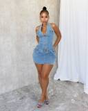 Fashion Halter Zipper Backless Denim Romper MEM-88592