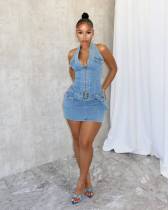 Fashion Halter Zipper Backless Denim Romper MEM-88592