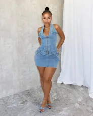 Fashion Halter Zipper Backless Denim Romper MEM-88592