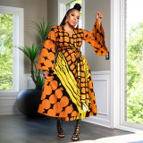Plus Size Flare Sleeve Irregular Print Knits Maxi Dress NNWF-8038