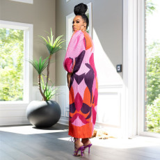 Fashion Print Lantern Sleeve Pleated Long Dress NNWF-10783