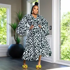 Plus Size Flare Sleeve Irregular Print Knits Maxi Dress NNWF-8038