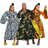 Plus Size Flare Sleeve Irregular Print Knits Maxi Dress NNWF-8038