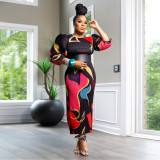 Fashion Print Lantern Sleeve Pleated Long Dress NNWF-10783
