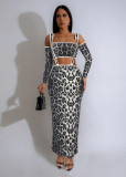 Leopard Print Long Sleeve Sling Two Piece Pants Set MZ-2863