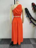 Slash Shoulder Split Sleeveless Two Piece Skirts Set NY-10865