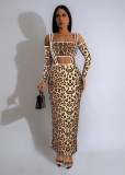 Leopard Print Long Sleeve Sling Two Piece Pants Set MZ-2863