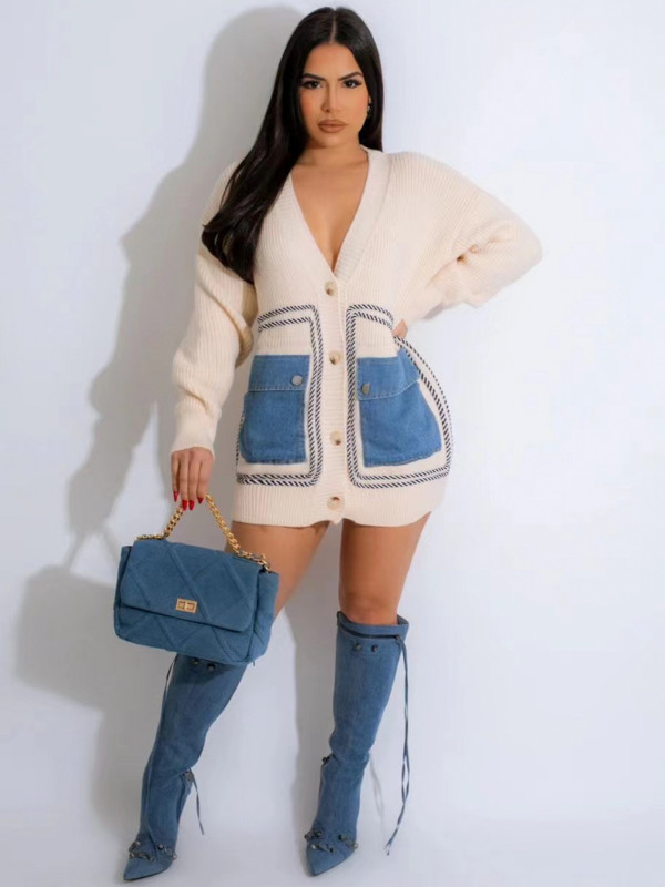 Patchwork Denim Single-breasted Loose Sweater OD-8707