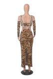Leopard Print Long Sleeve Sling Two Piece Pants Set MZ-2863